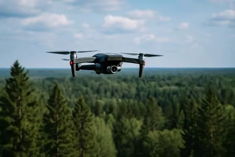 dron lecący nad lasem