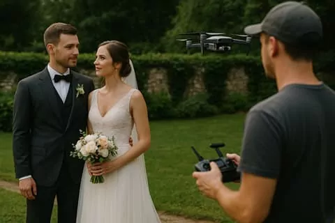 operator drona filmuje nowożeńców